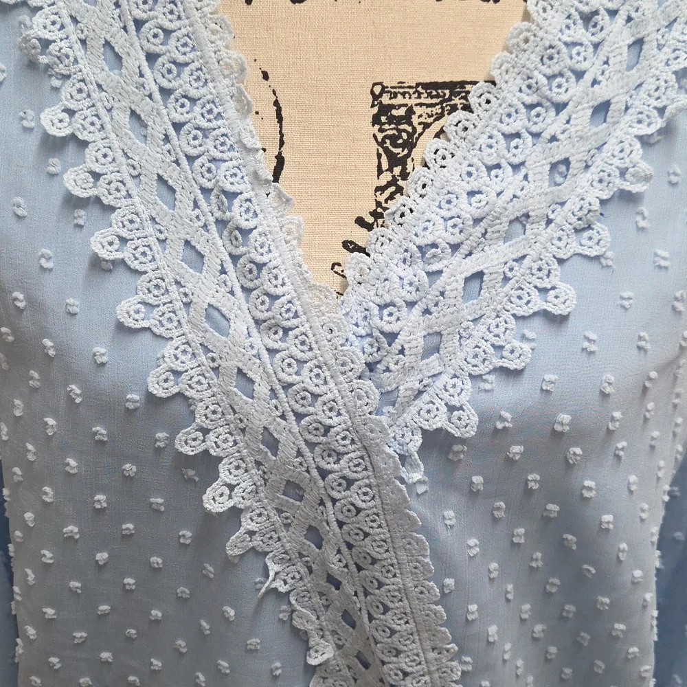 Light Blue Lace Trim Blouse - Picture 2 of 5